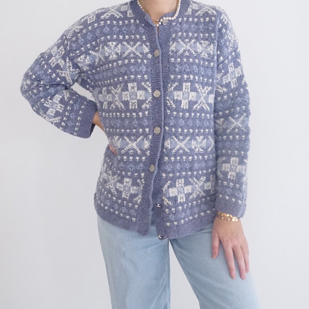 Vintage Rainbow Bridge Blue White 45% Cotton Winter Knit Cardigan Sweater S